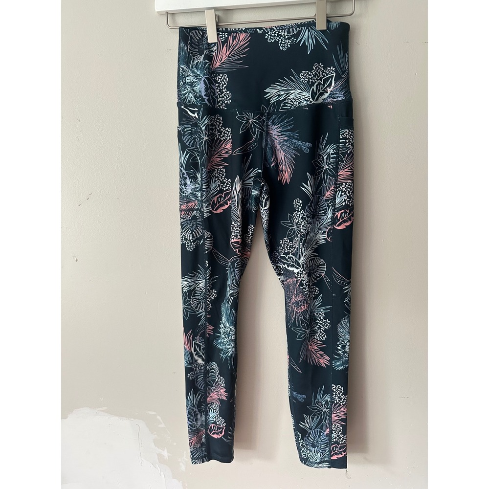 LegEnd Active Women Small Tropical Floral High Waisted Yoga Leggings Navy